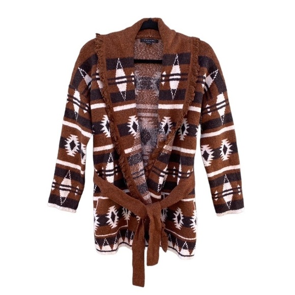 Tahari Western Aztec Fringe Shawl Collar Belted Cardigan Sz S - Picture 1 of 10